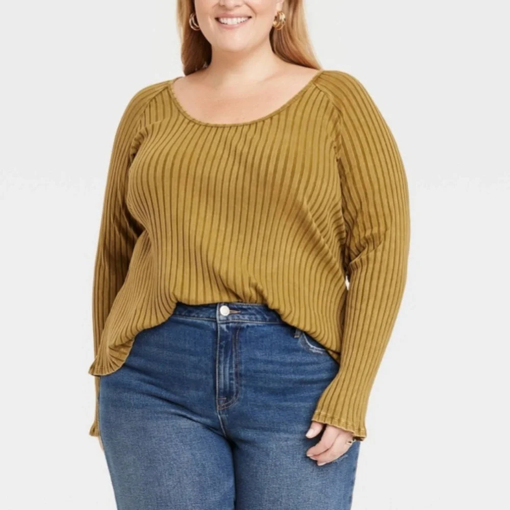 Olive Ribbed Top XL Green Cotton Slim Fit Stretch Grunge Aesthetic Boho Chic